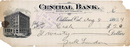 «Jack London Central Bank of Oakland signed check with picture»